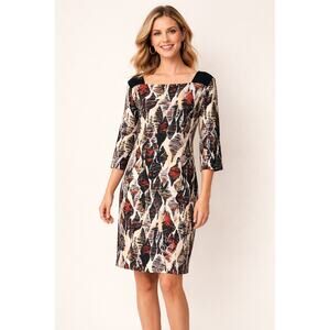 Gerard Darel Womens Shift Dress S Cream Black Abstract 3/4 Sleeve Chic Paris